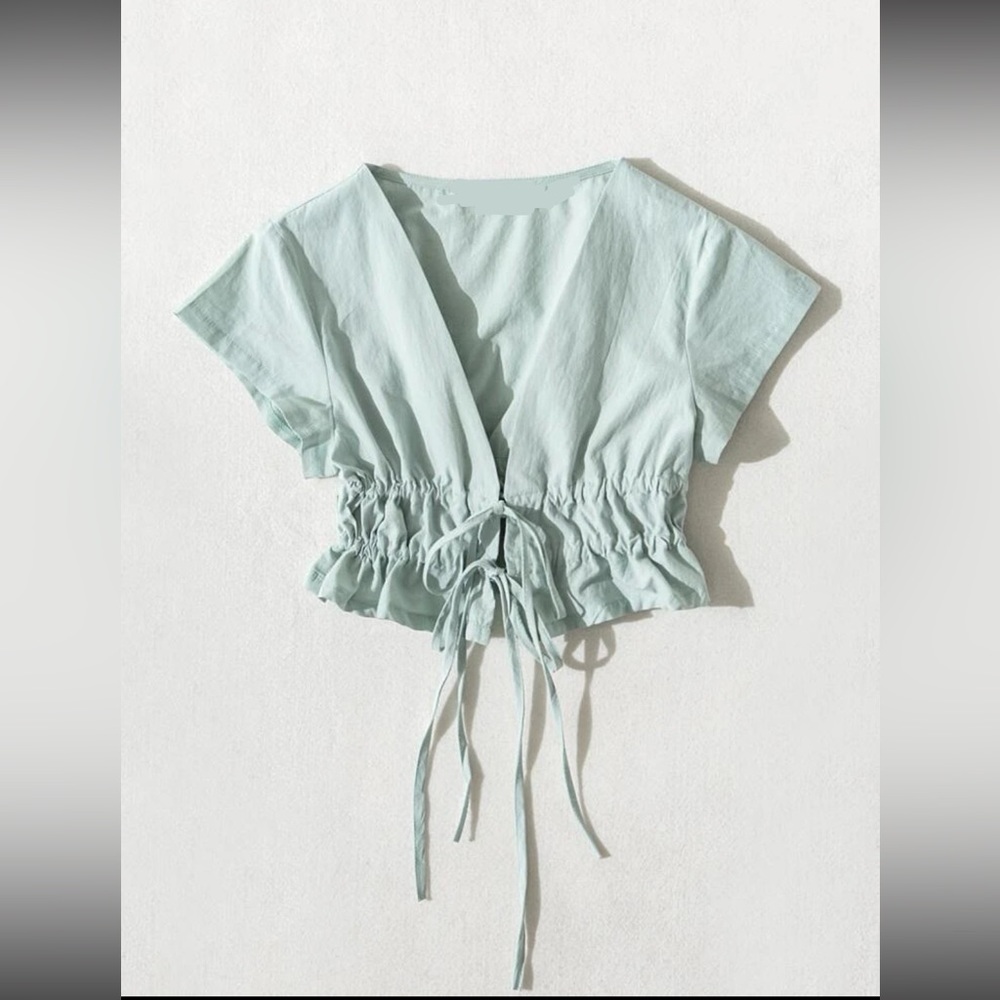 Mint green short sleeve shirt tie front
